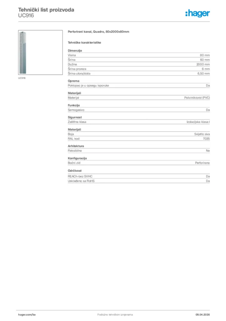 Slika Hager Tehnički list proizvoda UC916  | Hager