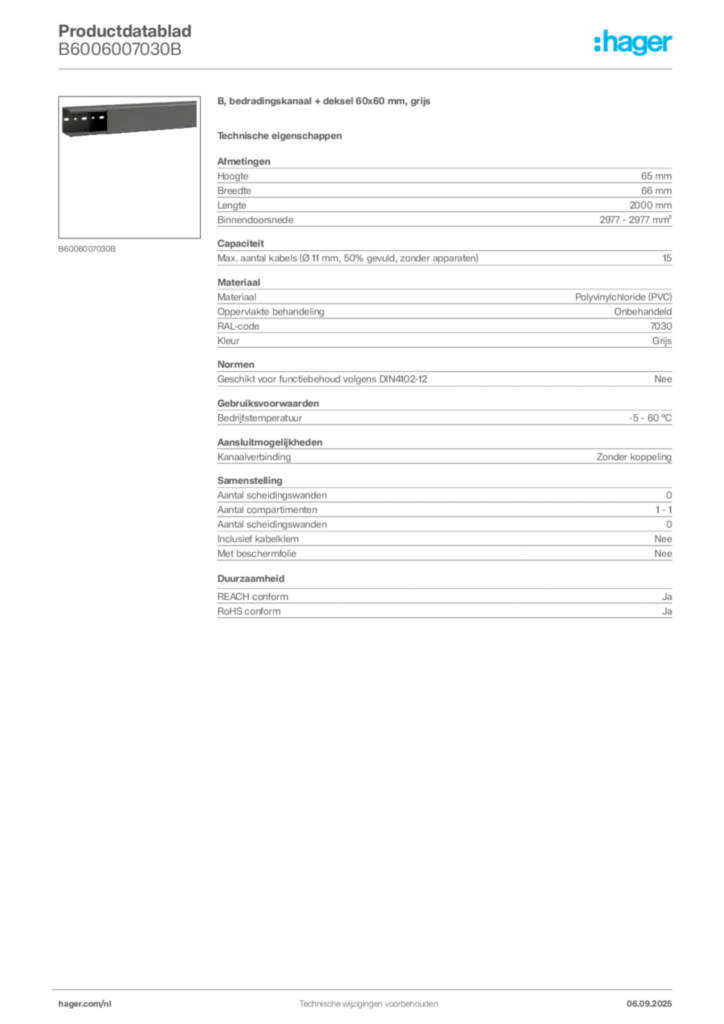 Afbeelding Hager Productdatablad B6006007030B | Hager Nederland