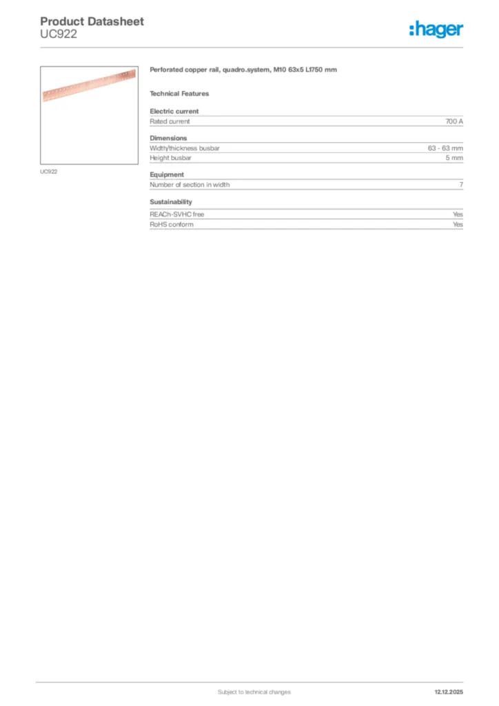 Image Hager Product data sheet UC922  | Hager Africa