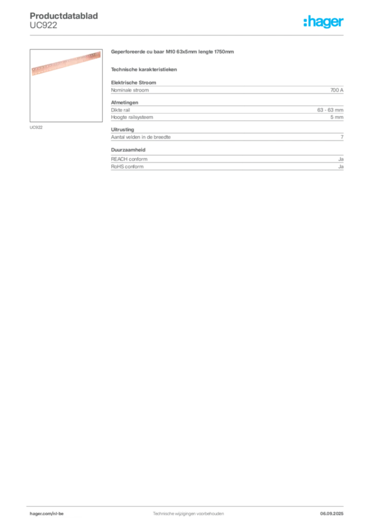 Afbeelding Hager Productdatablad UC922 | Hager Belgium
