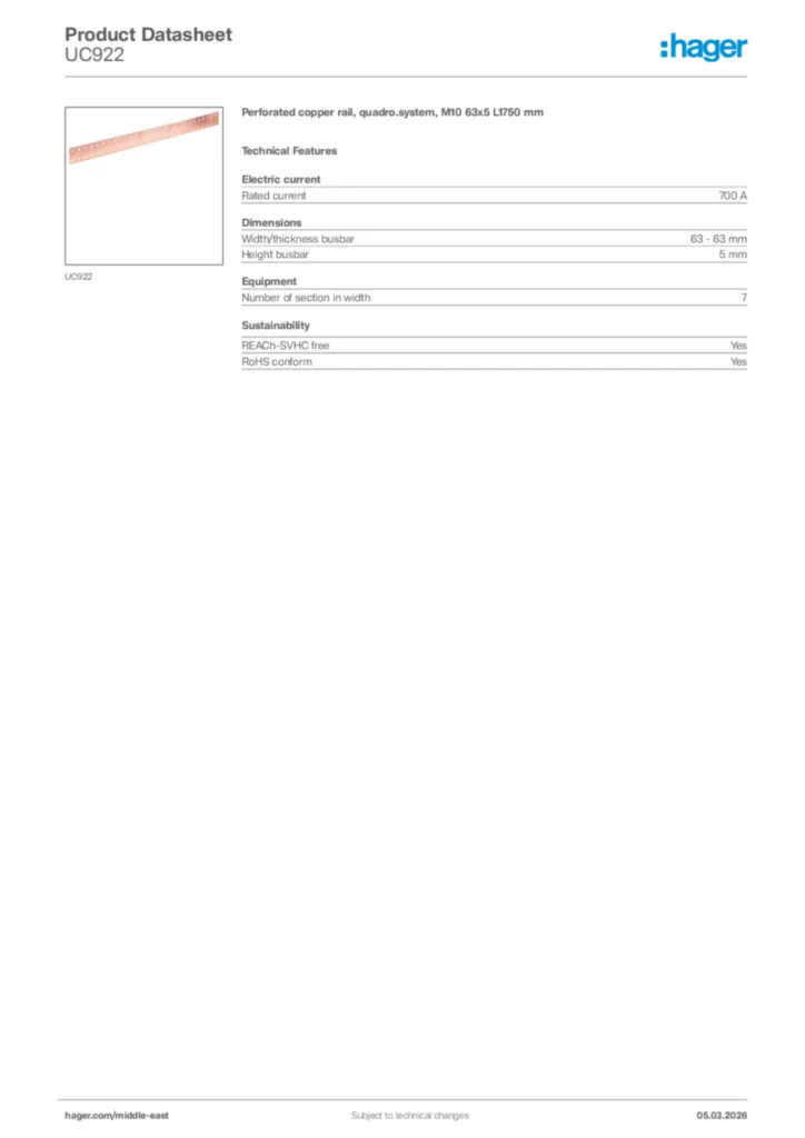 Image Hager Product data sheet UC922  | Hager