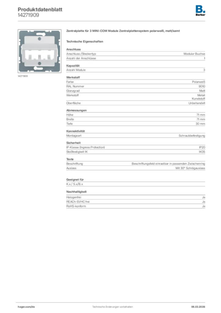 Bild Berker Produktdatenblatt 14271909 | Hager Deutschland
