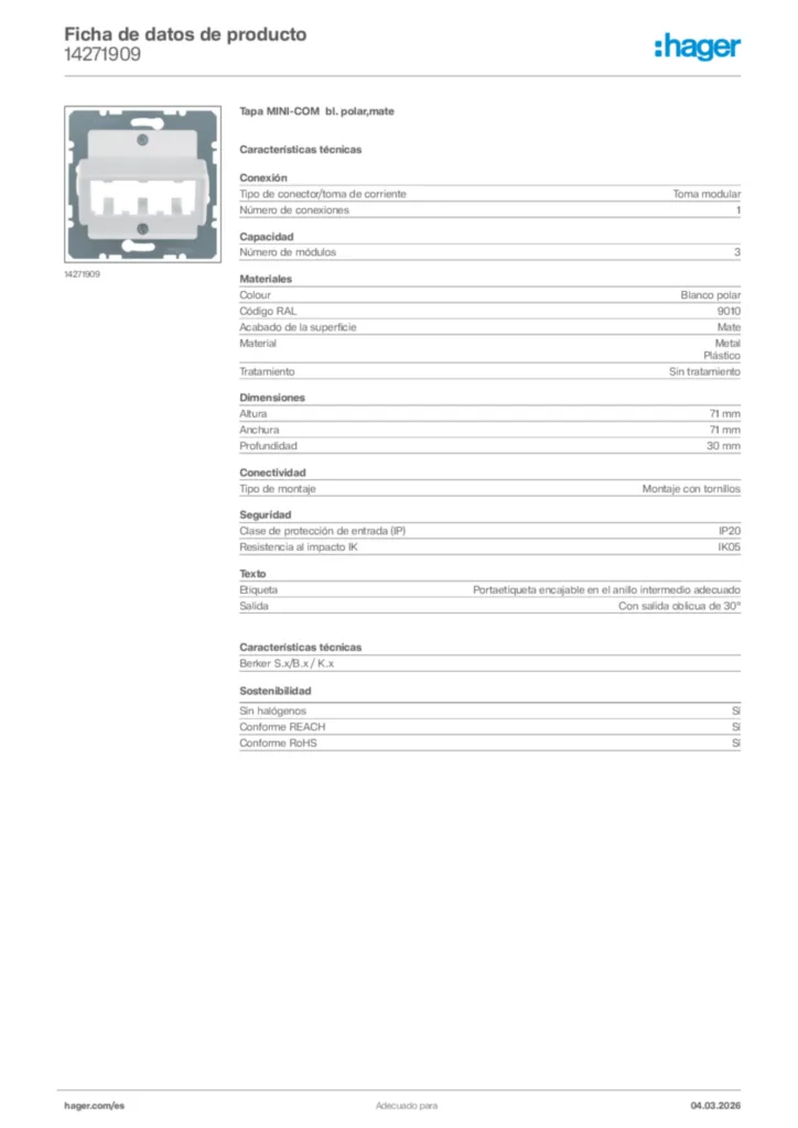 Imagen Hager Ficha de datos de producto 14271909 | Hager España