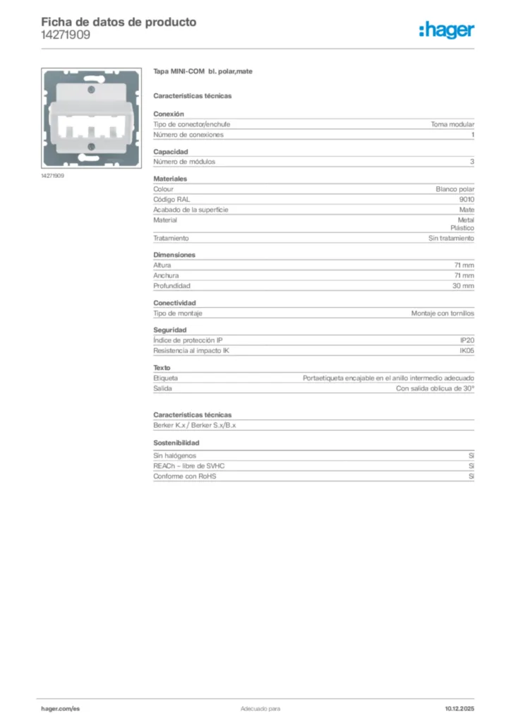 Imagen Hager Ficha de datos de producto 14271909 | Hager España
