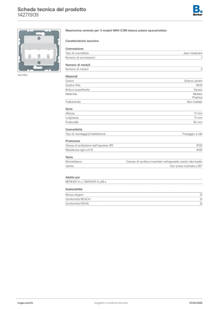 Immagine Berker Scheda tecnica del prodotto 14271909 | Hager Italia