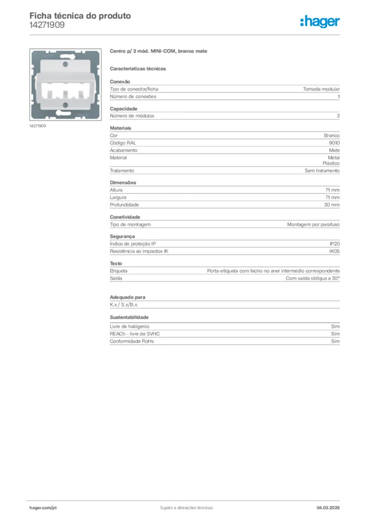 Imagem Hager Ficha técnica do produto 14271909 | Hager Portugal