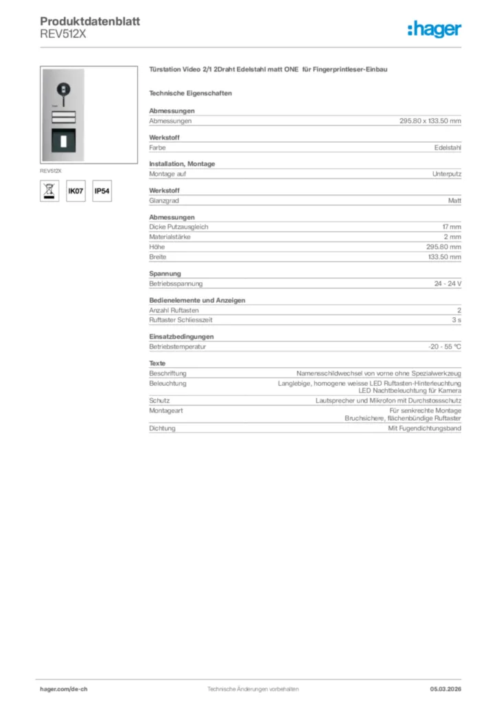 Bild Hager Produktdatenblatt REV512X | Hager Schweiz