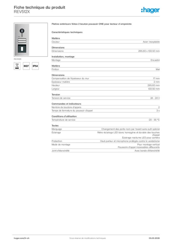 Image Hager Fiche technique du produit REV512X | Hager Suisse