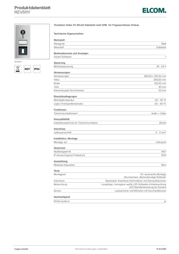 Bild Elcom Produktdatenblatt REV511Y | Hager Deutschland
