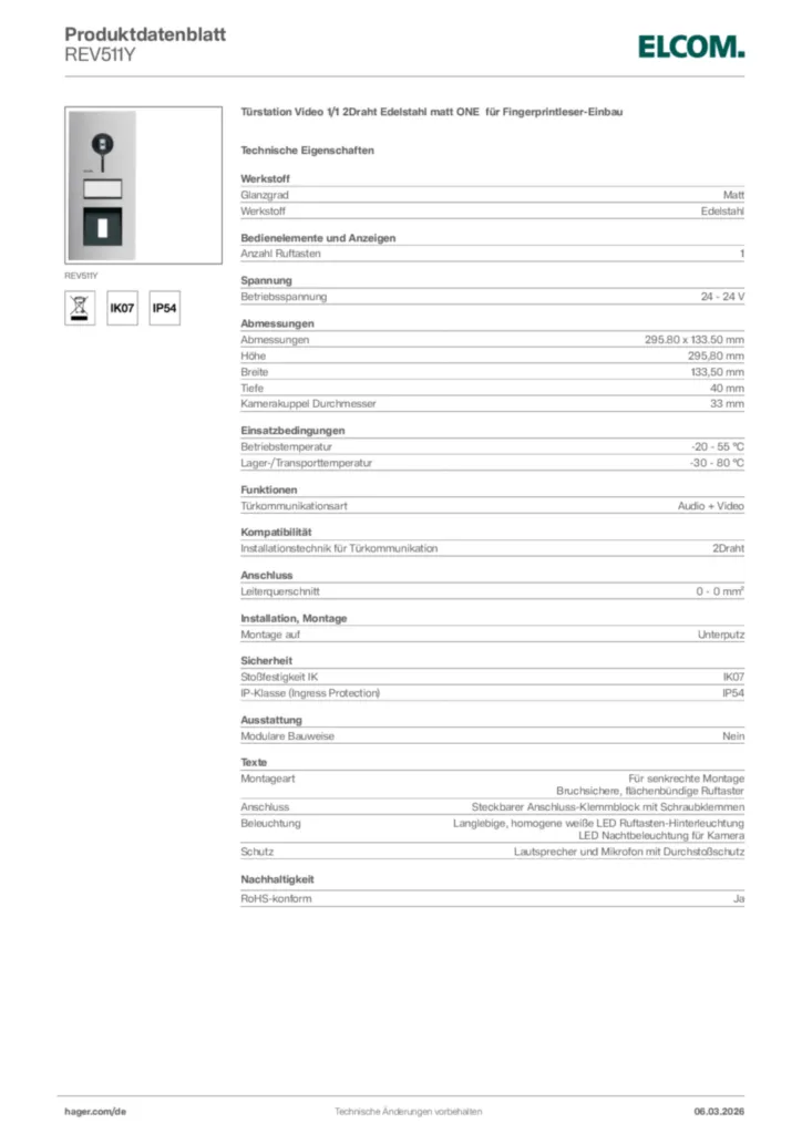 Bild Elcom Produktdatenblatt REV511Y | Hager Deutschland