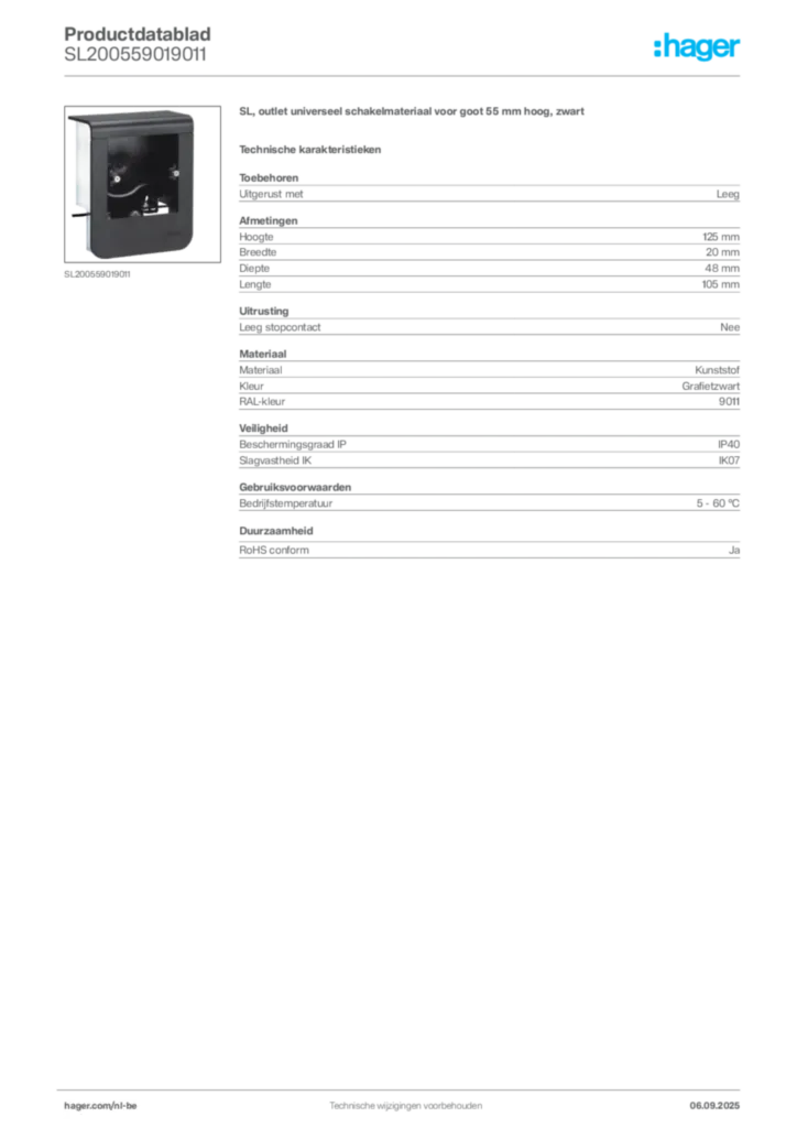 Afbeelding Hager Productdatablad SL200559019011 | Hager Belgium