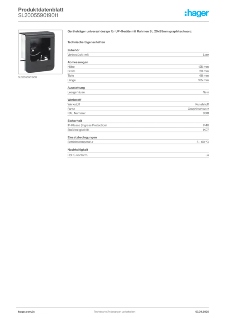 Bild Hager Produktdatenblatt SL200559019011 | Hager Deutschland