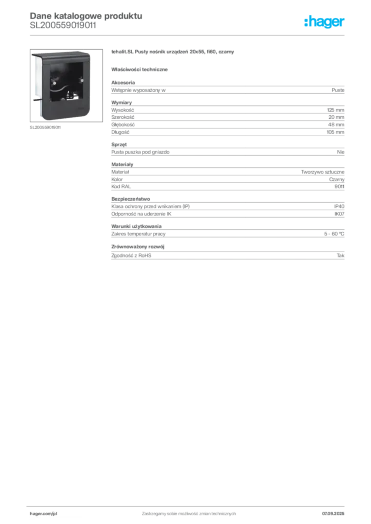 Zdjęcie Hager Dane katalogowe produktu SL200559019011 | Hager Polska