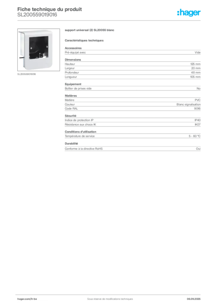 Image Hager Fiche technique du produit SL200559019016 | Hager Belgique