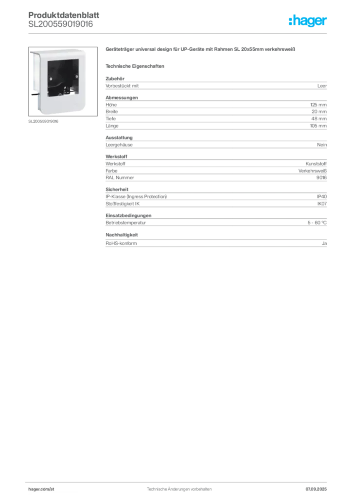 Bild Hager Produktdatenblatt SL200559019016 | Hager Deutschland