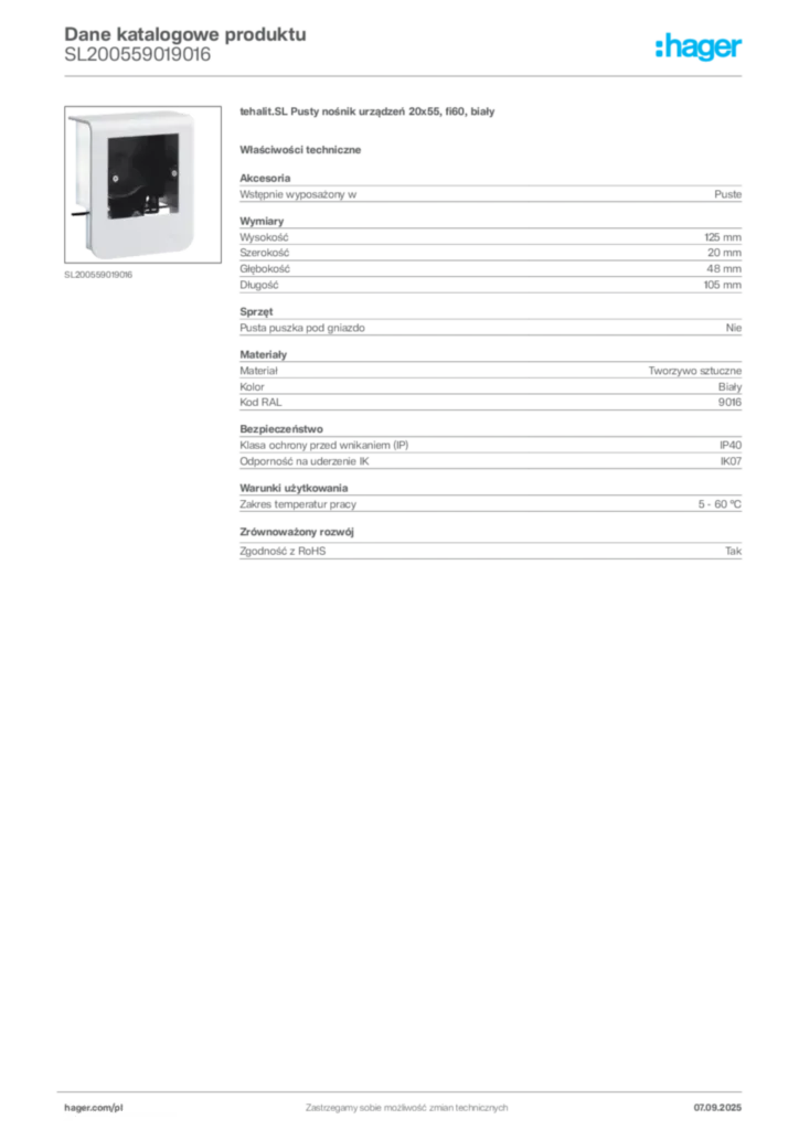 Zdjęcie Hager Dane katalogowe produktu SL200559019016 | Hager Polska