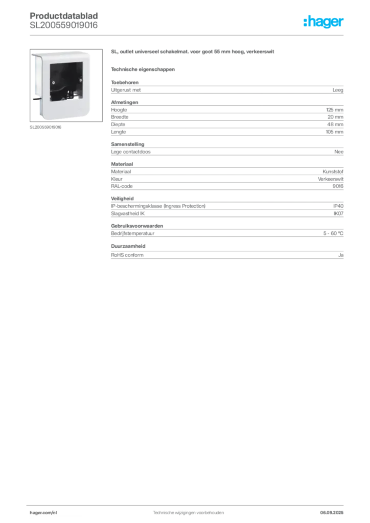 Afbeelding Hager Productdatablad SL200559019016 | Hager Nederland