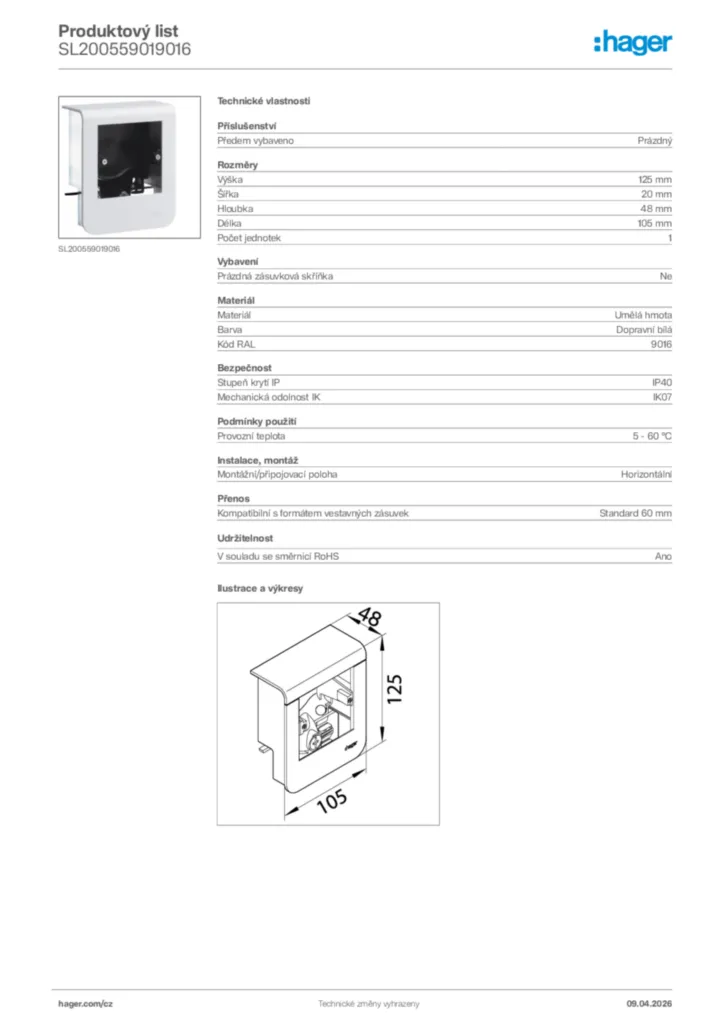 Obrázek Hager Product data sheet SL200559019016 | Hager