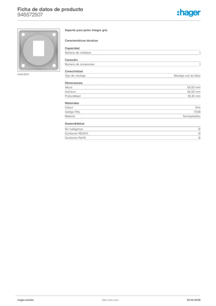 Imagen Hager Ficha de datos de producto 945572507 | Hager España
