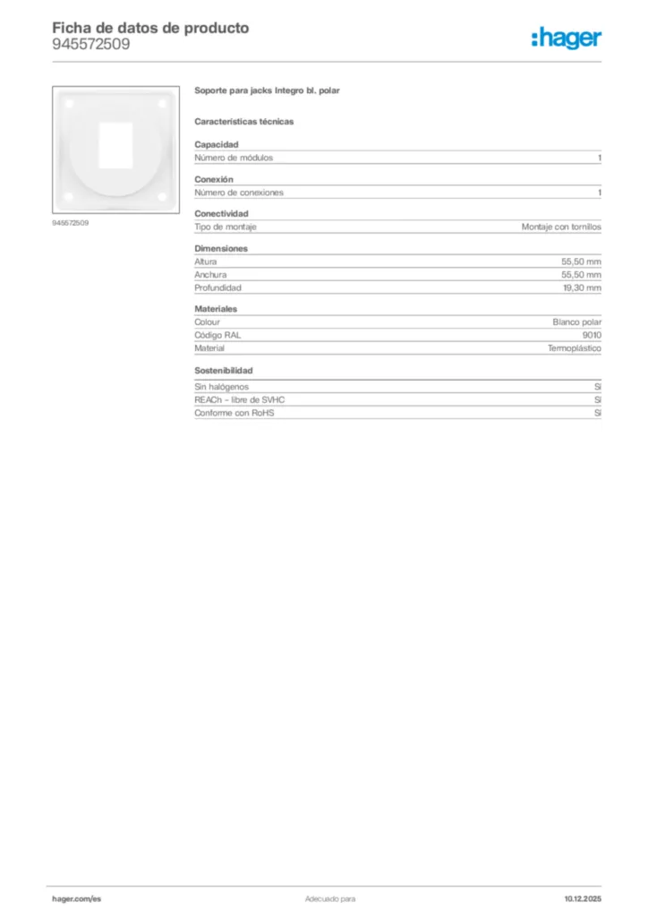 Imagen Hager Ficha de datos de producto 945572509 | Hager España