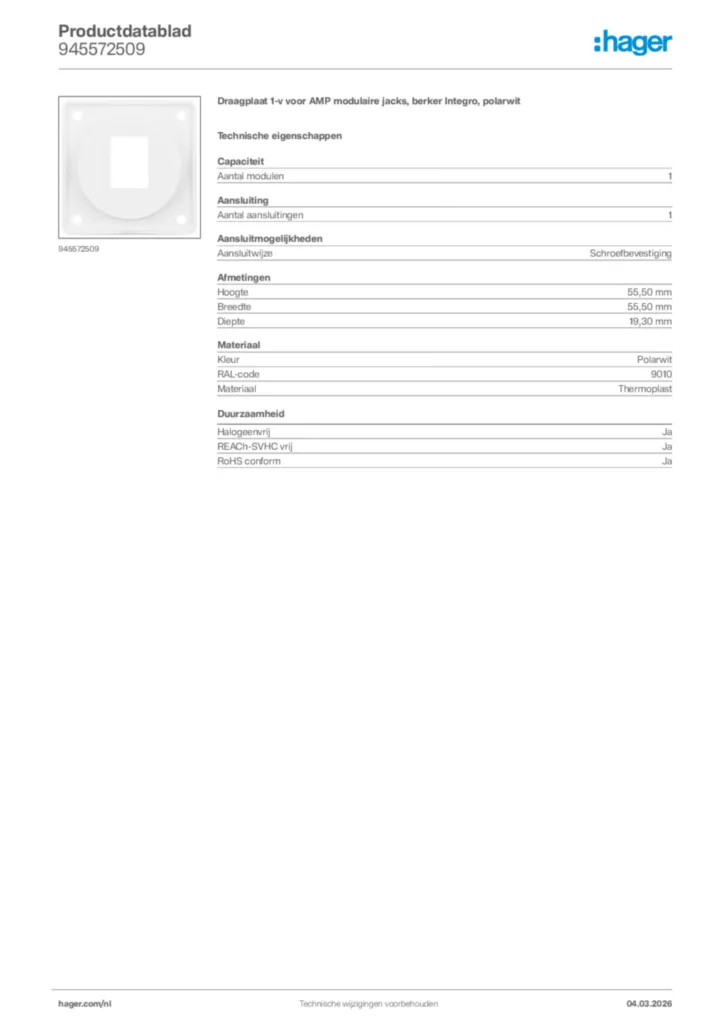 Afbeelding Hager Productdatablad 945572509 | Hager Nederland