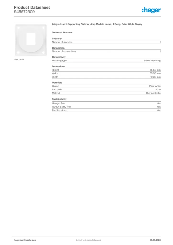 Image Hager Product data sheet 945572509  | Hager