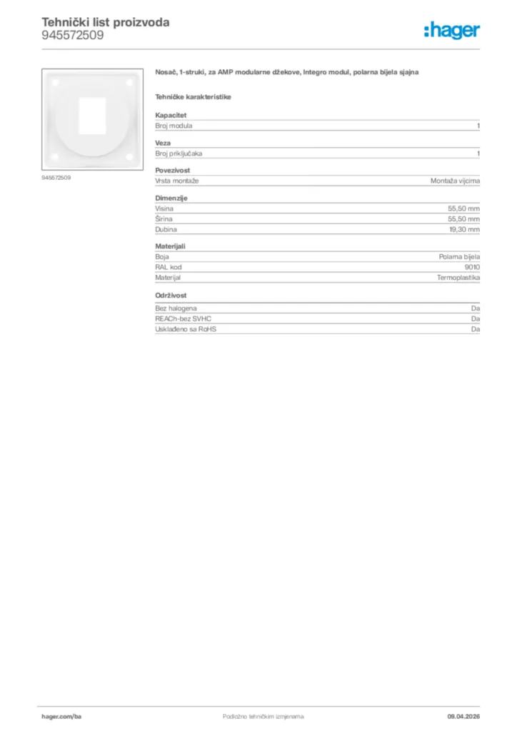 Slika Hager Tehnički list proizvoda 945572509  | Hager