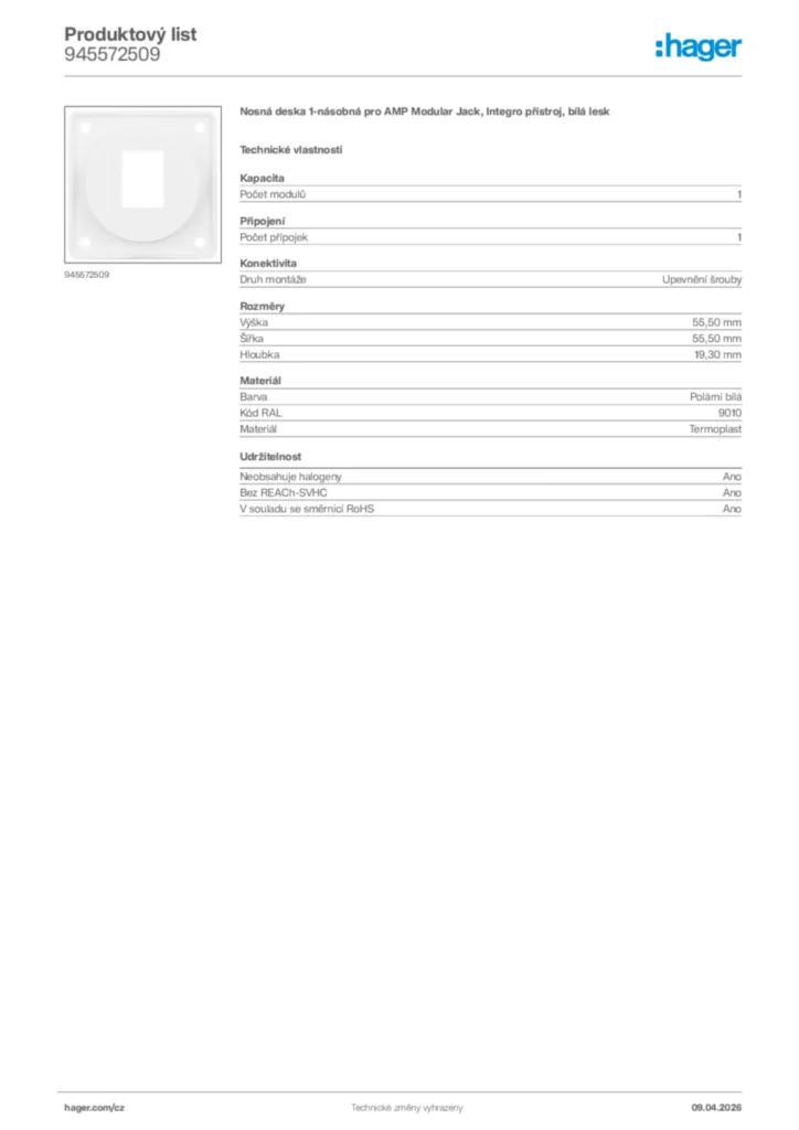 Obrázek Hager Product data sheet 945572509 | Hager