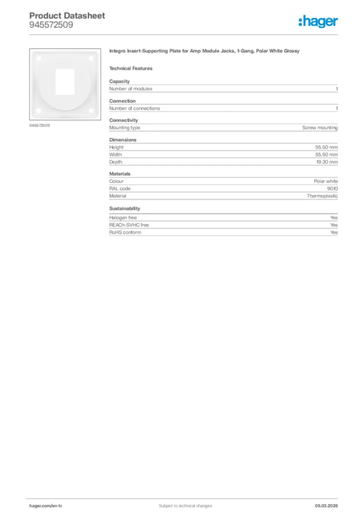 Image Hager Product data sheet 945572509  | Hager