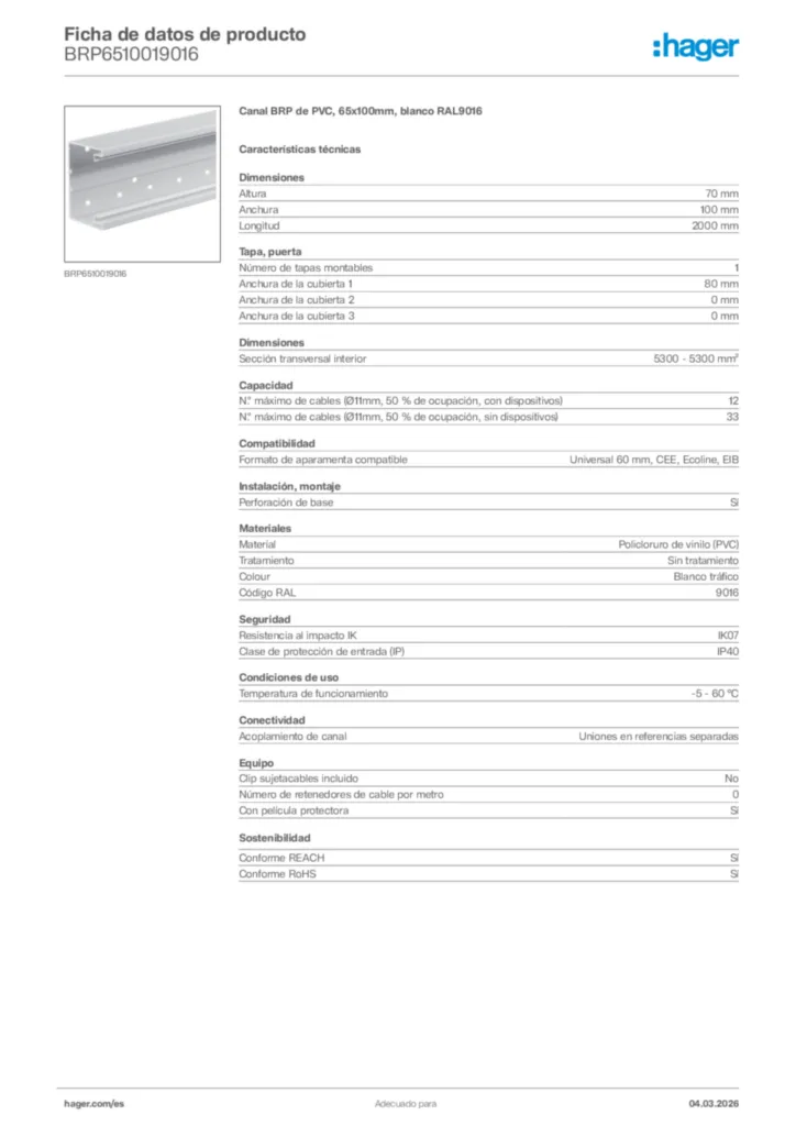 Imagen Hager Ficha de datos de producto BRP6510019016 | Hager España