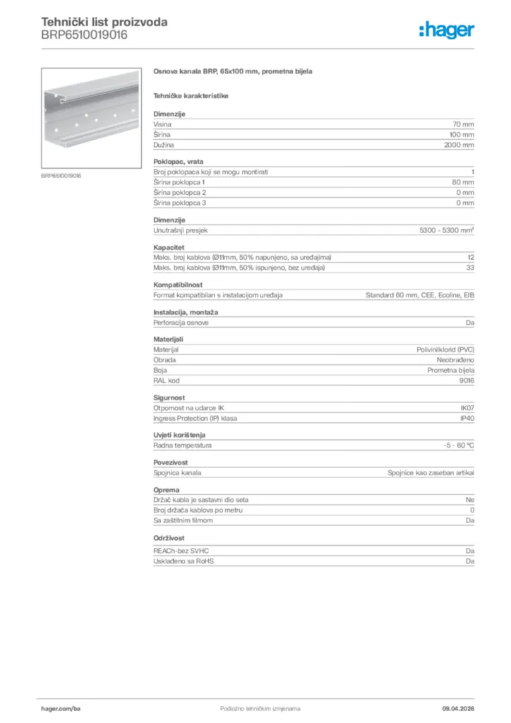 Slika Hager Tehnički list proizvoda BRP6510019016  | Hager