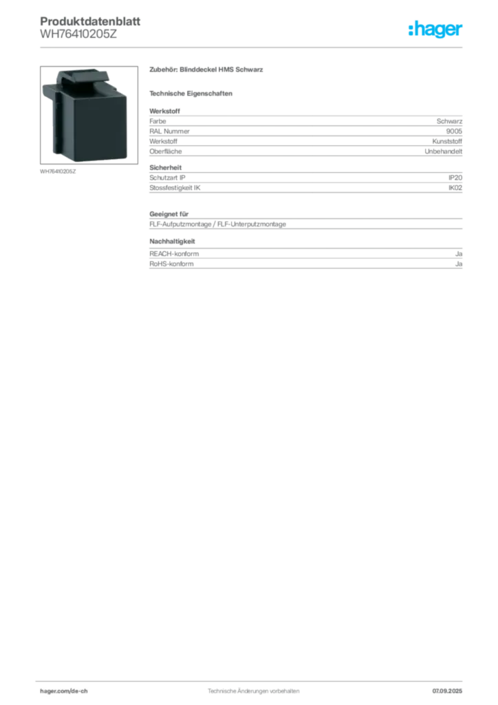 Bild Hager Produktdatenblatt WH76410205Z | Hager Schweiz
