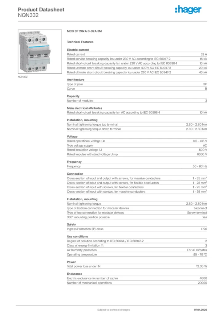 Image Hager Product data sheet NQN332  | Hager Africa