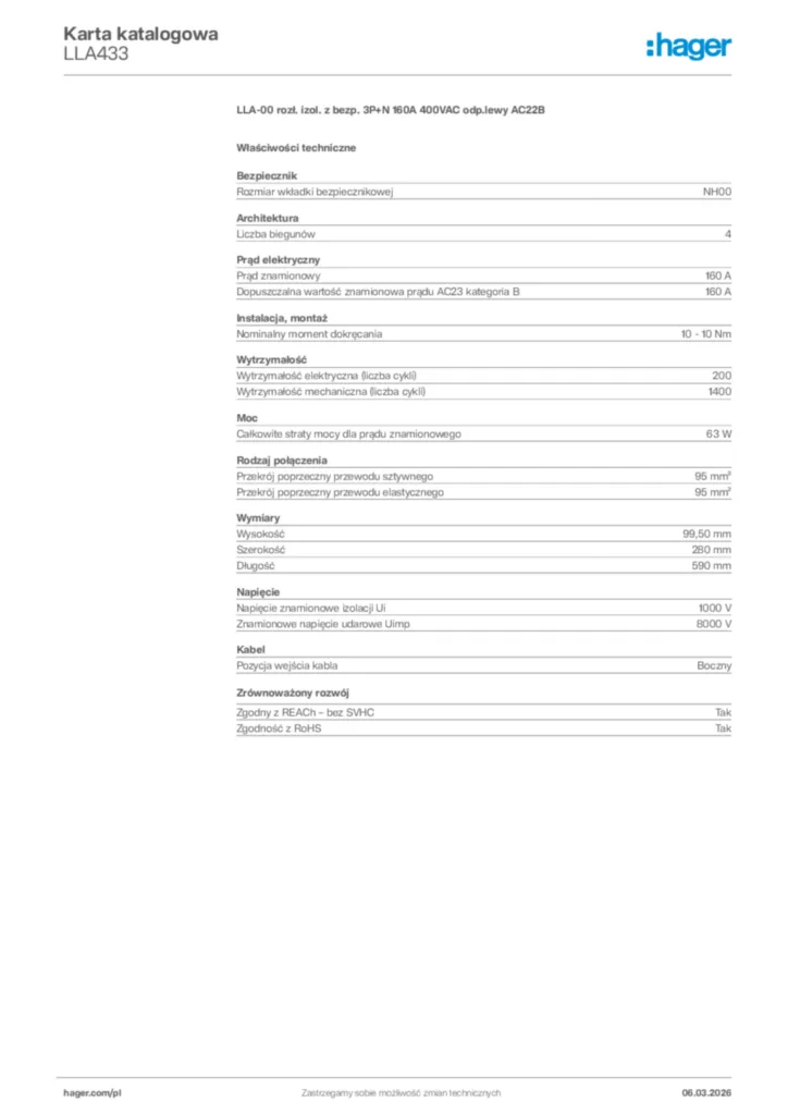 Zdjęcie Hager Karta katalogowa LLA433 | Hager Polska