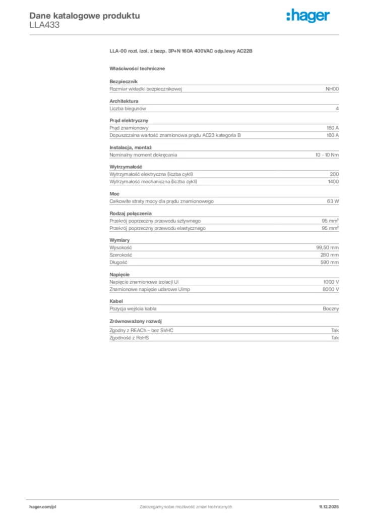 Zdjęcie Hager Dane katalogowe produktu LLA433 | Hager Polska