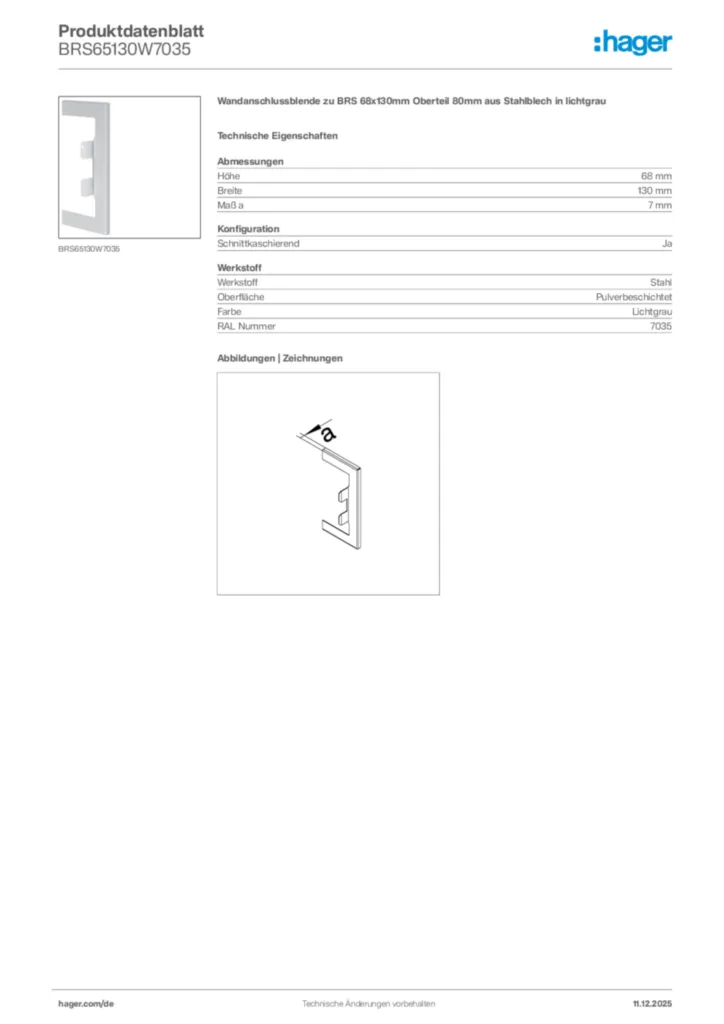 Bild Hager Produktdatenblatt BRS65130W7035 | Hager Deutschland