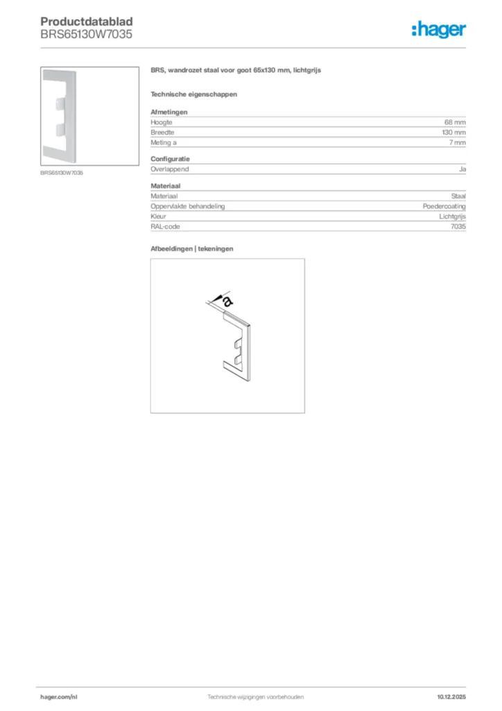 Afbeelding Hager Productdatablad BRS65130W7035 | Hager Nederland