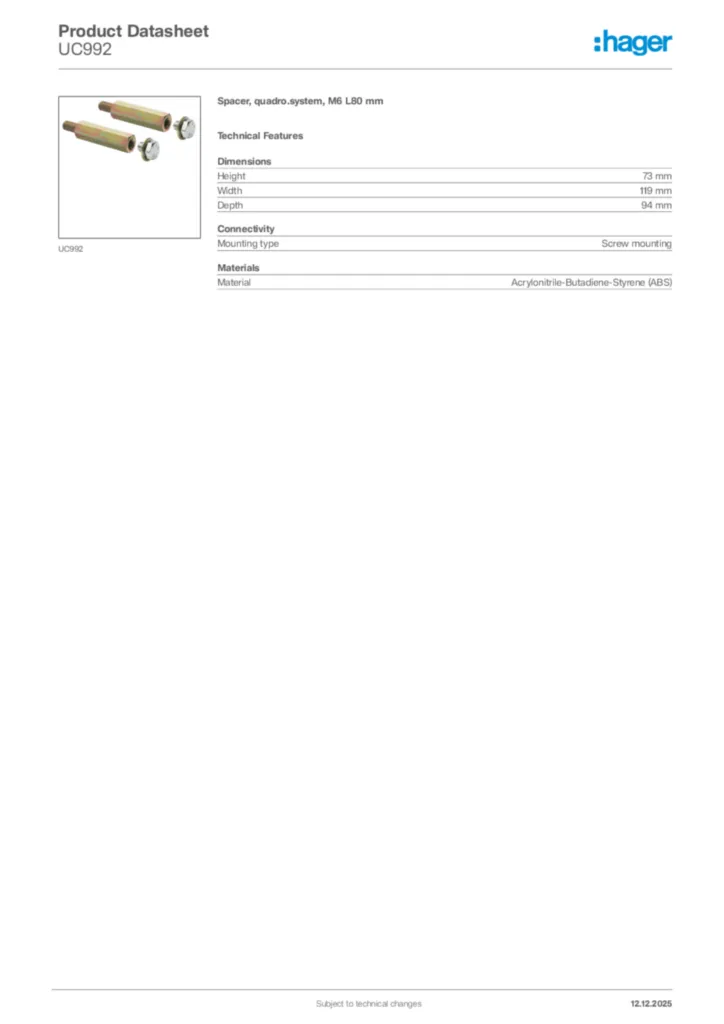 Image Hager Product data sheet UC992  | Hager Africa