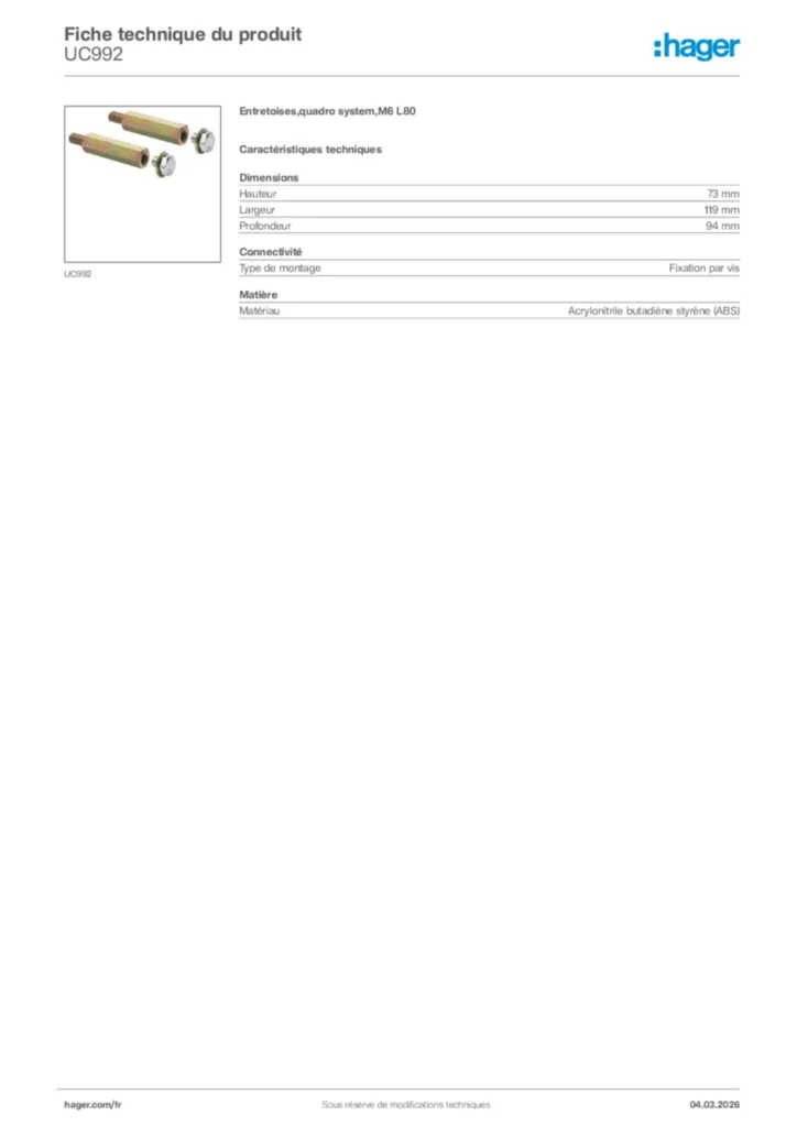 Image Hager Fiche technique du produit UC992 | Hager France