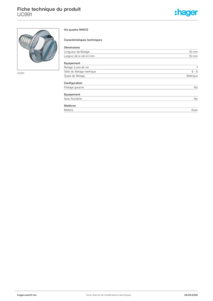 Image Hager Fiche technique du produit UC991 | Hager Belgique