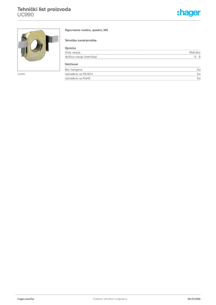 Slika Hager Product data sheet UC990  | Hager