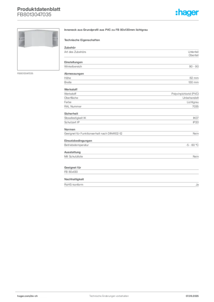 Bild Hager Produktdatenblatt FB8013047035 | Hager Schweiz