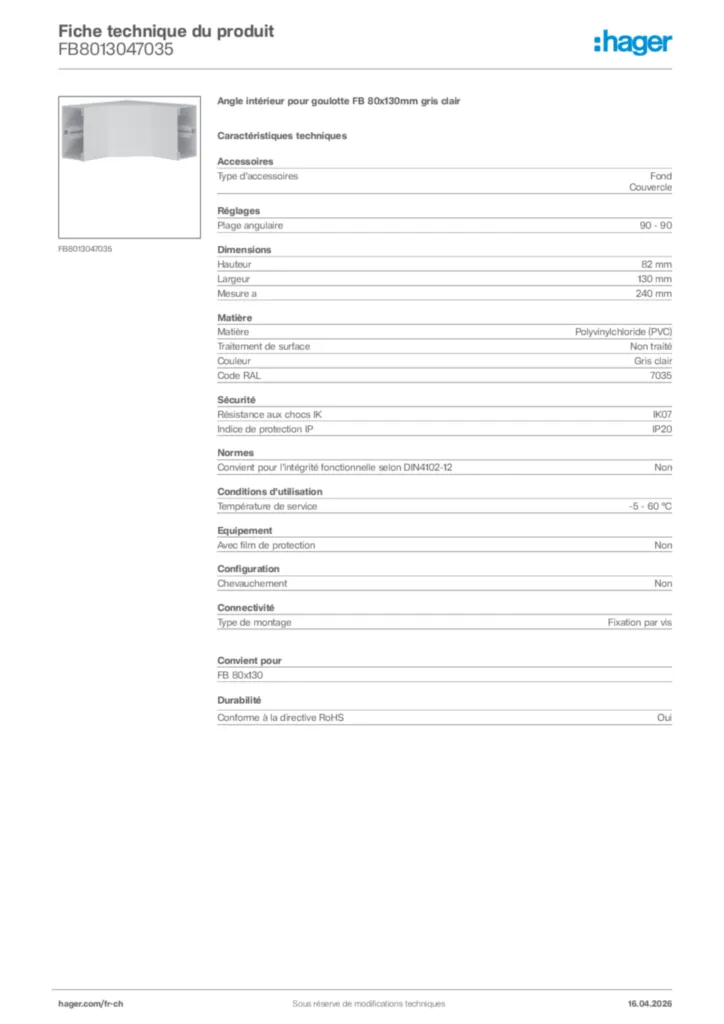Image Hager Fiche technique du produit FB8013047035 | Hager Suisse