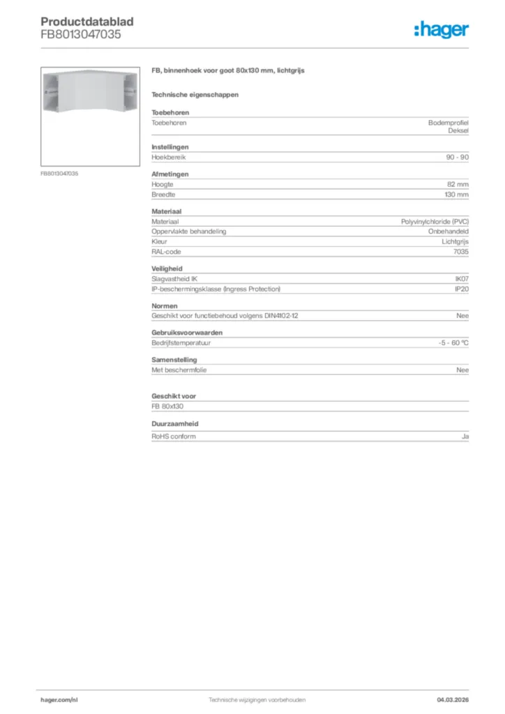 Afbeelding Hager Productdatablad FB8013047035 | Hager Nederland