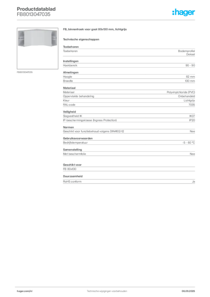 Afbeelding Hager Productdatablad FB8013047035 | Hager Nederland