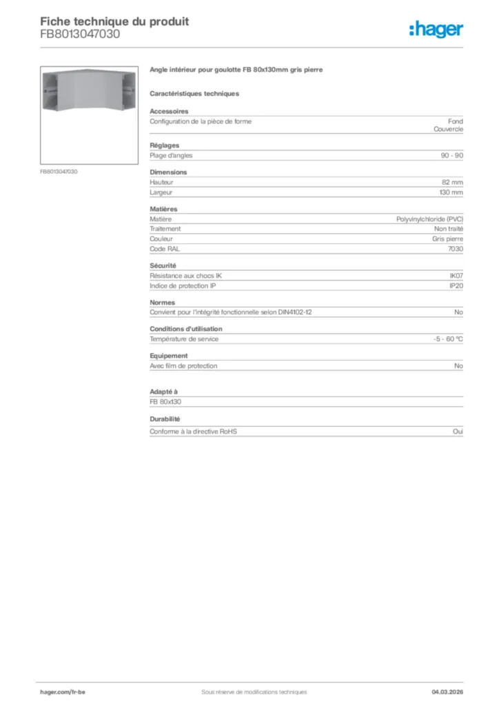 Image Hager Fiche technique du produit FB8013047030 | Hager Belgique