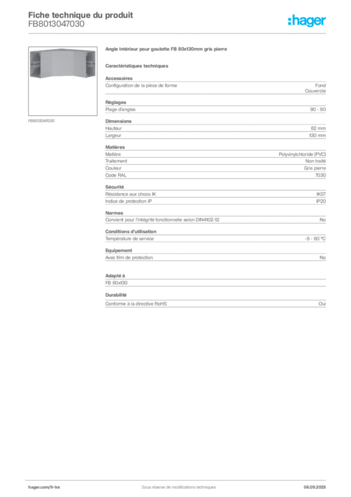 Image Hager Fiche technique du produit FB8013047030 | Hager Belgique