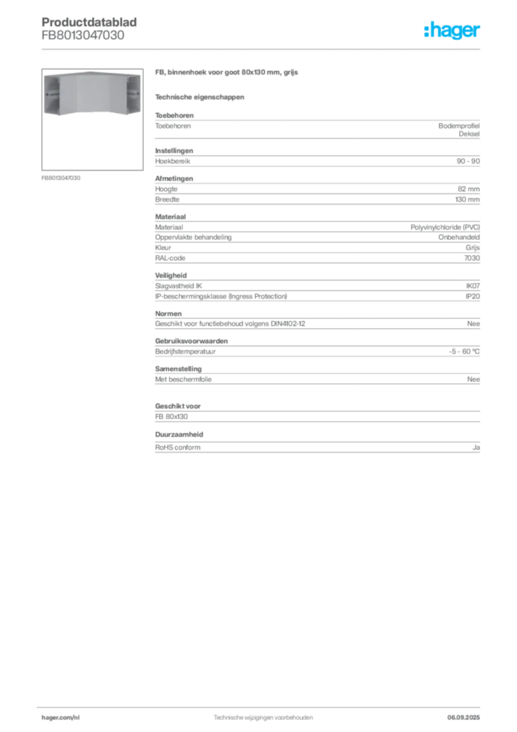 Afbeelding Hager Productdatablad FB8013047030 | Hager Nederland