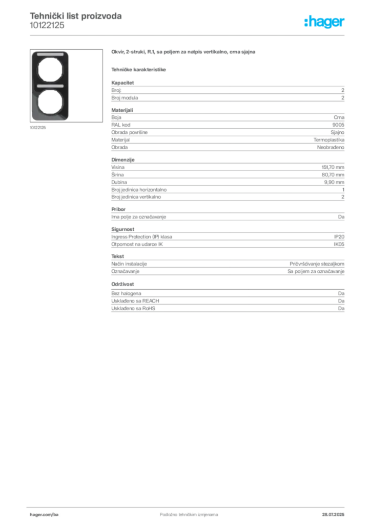 Slika Hager Product data sheet 10122125  | Hager