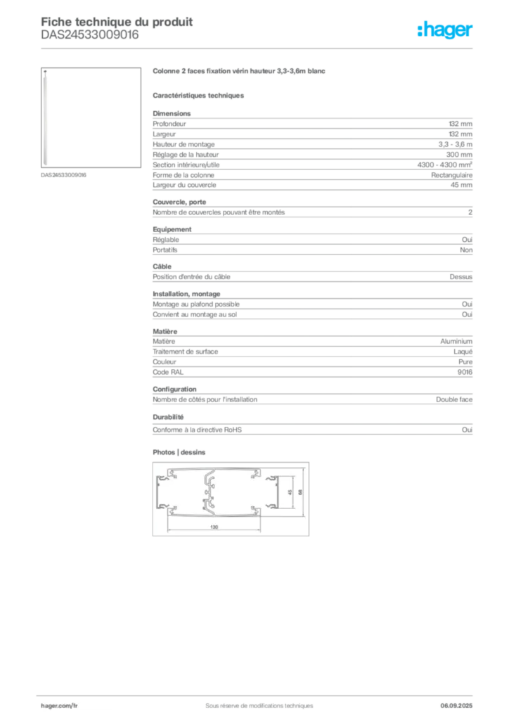Image Hager Fiche technique du produit DAS24533009016 | Hager France
